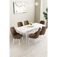 Mabel Beyaz Mermer Desen 80X132 Mdf Açılabilir Mutfak Masası Takımı 6 Adet Sandalye