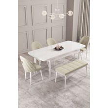 Calvin Beyaz 80X132 Mdf Açılabilir Mutfak Masası Takımı 4 Sandalye, 1 Bench