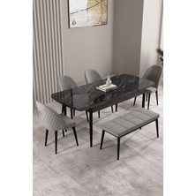 Milas Siyah Mermer Desen 80X132 Mdf Açılabilir Yemek Masası Takımı 4 Sandalye, 1 Bench