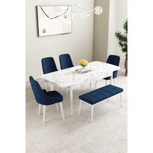 Mabel Beyaz Mermer Desen 80X132 Açılabilir Yemek Odası Takımı 4 Sandalye, 1 Bench