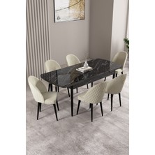 Milas Siyah Mermer Desen 80X132 Mdf Açılabilir Yemek Masası Takımı 6 Adet Sandalye