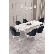 Calvin Beyaz Mermer Desen 80X132 Mdf Açılabilir Mutfak Masası Takımı 6 Adet Sandalye