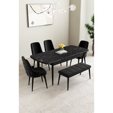 Clara Siyah Mermer Desen 80X132 Açılabilir Yemek Odası Takımı 4 Sandalye, 1 Bench