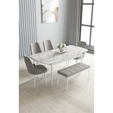 Jusie Beyaz Mermer Desen 80X132 Açılabilir Mutfak Masası Takımı 4 Sandalye, 1 Bench