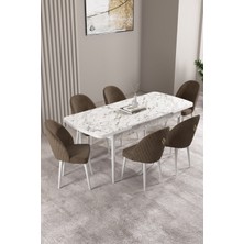 Milas Beyaz Mermer Desen 80X132 Mdf Açılabilir Mutfak Masası Takımı 6 Adet Sandalye