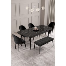 Calvin Siyah Mermer Desen 80X132 Mdf Açılabilir Mutfak Masası Takımı 4 Sandalye, 1 Bench