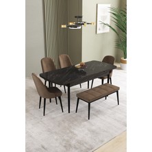 Ikon Siyah Mermer Desen 80X132 Mdf Açılabilir Yemek Masası Takımı 4 Sandalye, 1 Bench