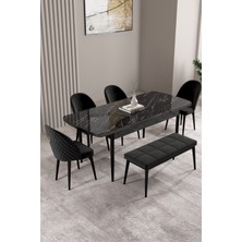 Milas Siyah Mermer Desen 80X132 Mdf Açılabilir Mutfak Masası Takımı 4 Sandalye, 1 Bench
