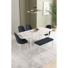 Ikon Beyaz Mermer Desen 80X132 Mdf Açılabilir Mutfak Masası Takımı 4 Sandalye, 1 Bench
