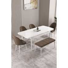 Milas Beyaz 80X132 Mdf Açılabilir Yemek Masası Takımı 4 Sandalye, 1 Bench