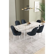 Ikon Beyaz Mermer Desen 80X132 Mdf Açılabilir Yemek Masası Takımı 6 Adet Sandalye