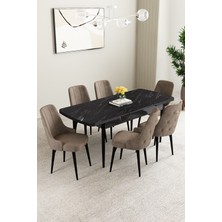 Mabel Siyah Mermer Desen 80X132 Mdf Açılabilir Mutfak Masası Takımı 6 Adet Sandalye