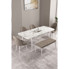 Milas Beyaz Mermer Desen 80X132 Mdf Açılabilir Mutfak Masası Takımı 4 Sandalye, 1 Bench