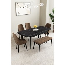 Mabel Siyah Mermer Desen 80X132 Açılabilir Yemek Odası Takımı 4 Sandalye, 1 Bench