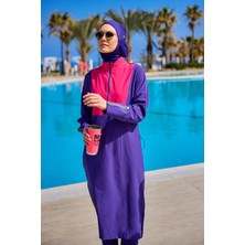 Mor Tam Kapalı Tesettür Mayo - Renk Bloklu Desenli M2527-2