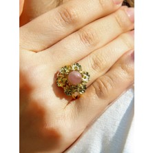 Esha Store Doğal Taş Pembe Kuvars Doğal Taşlı Çiçek Model Telkari Kadın Ayarlanabilir Altın Kaplama Yüzük EUY61PKG