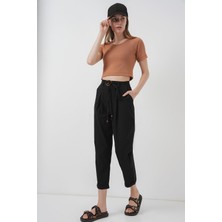 Kemerli Keten Pantolon - Siyah