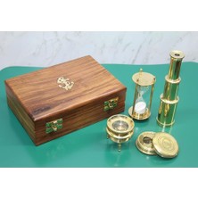 Ahşap Kutulu Dürbün Kumsaati Büyüteç Pusula Seti