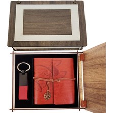 Özel Ahşap Kutulu Kahve Deri Defter ve Anahtarlık Set