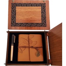 Ahşap Kutulu Taba Renk Deri Defter ve Kalem Set