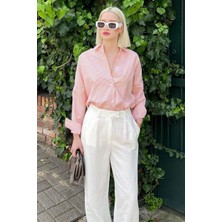 Kadın Oversize Çizgili Keten Karışımlı Gömlek