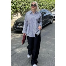 Kadın Oversize Çizgili Keten Karışımlı Gömlek
