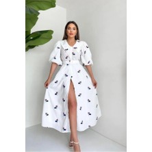 Nidam Butik Kırmızı Yakası Çiçek Motifli Kemerli Elbise