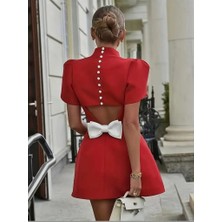 Aisha Elbise Kadın Kısa Kollu Balıkçı Yaka Arkadan Kelebek Dekolte Detaylı Kısa Atlas Elbise