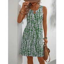 Sosostyle Kadın Sıfır Kol Yakadan Halka Detaylı Desenli Kısa Bürümcük Elbise