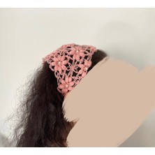 Çiçek Desenli Boncuklu Bağlamalı Saç Bandana Çiçekli Toka