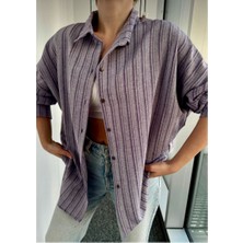 Oversize Keten Dokulu Pamuklu Çizgili Salaş Gömlek