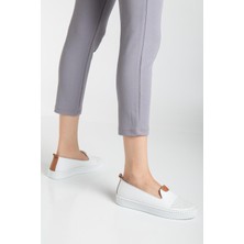 Hakiki Deri Kadın Günlük Ayakkabı Beyaz Yüzlü Burun Baskılı Düz Taban