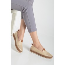 Hakiki Deri Kadın Günlük Ayakkabı Bej Yüzlü Burun Baskılı Düz Taban