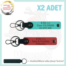 Motorcuya, Isim Plaka ve B Rh (+) Kan Grubu Yazılı Hediyelik X2 Anahtarlık, Nar Çiçeği-Turkuaz-Laci
