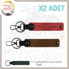 Biker Stiline Özel Isim Plaka ve B Rh (-) Kan Grubu Yazılı  X2 Anahtarlık Set, Nar Çiçeği-Kahve-Ysl