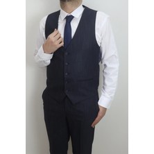 Moda Men Fistan Store Erkek Çizgili Italyan Kesim Dar Kalıp Tek Düğme Yelekli Takım Elbise