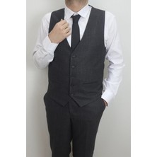 Moda Men Fistan Store Erkek Çizgili Italyan Kesim Dar Kalıp Tek Düğme Yelekli Takım Elbise