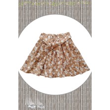 Kız Çocuk Takım, Ekru Crop - Kahverengi Etek, Pamuklu Çocuk Takım