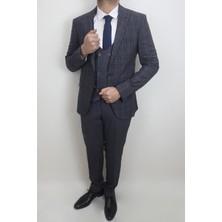 Duayen Fistan Store Erkek Gri - Mavi Ekose Kareli Italyan Kesim Dar Kalıp Tek Düğme Yelekli Takım Elbise