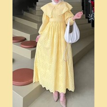 Pelerin Yaka Broderie Detaylı Elbise - Sarı - Butter Yellow