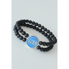 Vav Figürlü Lacivert Metal Aksesuarlı Çift Sıra Oniks Doğal Taş Erkek Bileklik