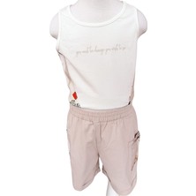 Fancy Kids Kız Çocuk Özel Baskılı Ekru Crop Atlet T-Shirt Vizon Şort  4 Yaş Vizon