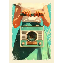 Müzik Radyo Tutan Kız Retro Ahşap Poster