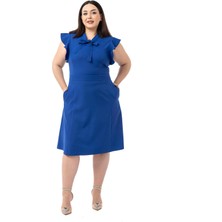 Büyük Beden Yakası Fularlı Kolları Volanlı Midi Saks Mavi Elbise