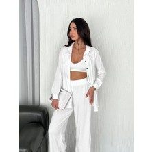 Yakalı Düğmeli Uzun Kollu Gömlek Pantolon Ikili Takım - Beyaz