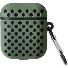 Airpods 1/2 Nesil Delikli Spor Premium Silikon Kılıf + Karabina Klipsli, Tam Koruma ve Stil Sunan Ergonomik Tasarım (Zeytin Yeşili-Siyah)