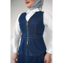 Kadın Fermuar Detaylı Kot Yelek Etek Takım Ikili Jean Takım
