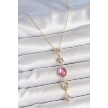 Pirinç Zincir Gold Renk Pembe Zirkon Taşlı Y Kolye