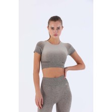 Maraton SlimFit Kadın Bisiklet Yaka  Kısa Kol Açık Vizon Crop Top 811030