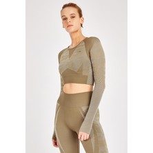 Maraton SlimFit Kadın Bisiklet Yaka  Uzun Kol Haki Crop Top 816013
